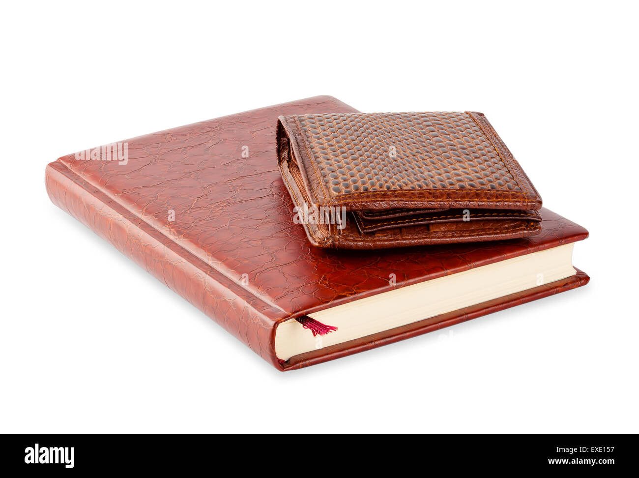 Tagebuch und braunem Leder Geldbörse isoliert auf weißem Hintergrund Stockfoto