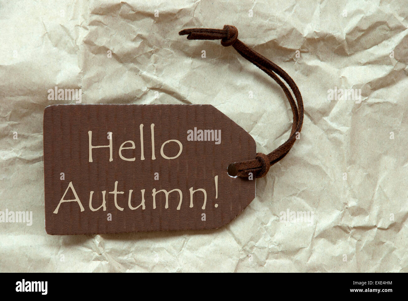 Braune Label mit Hallo Herbst Papierhintergrund Stockfoto