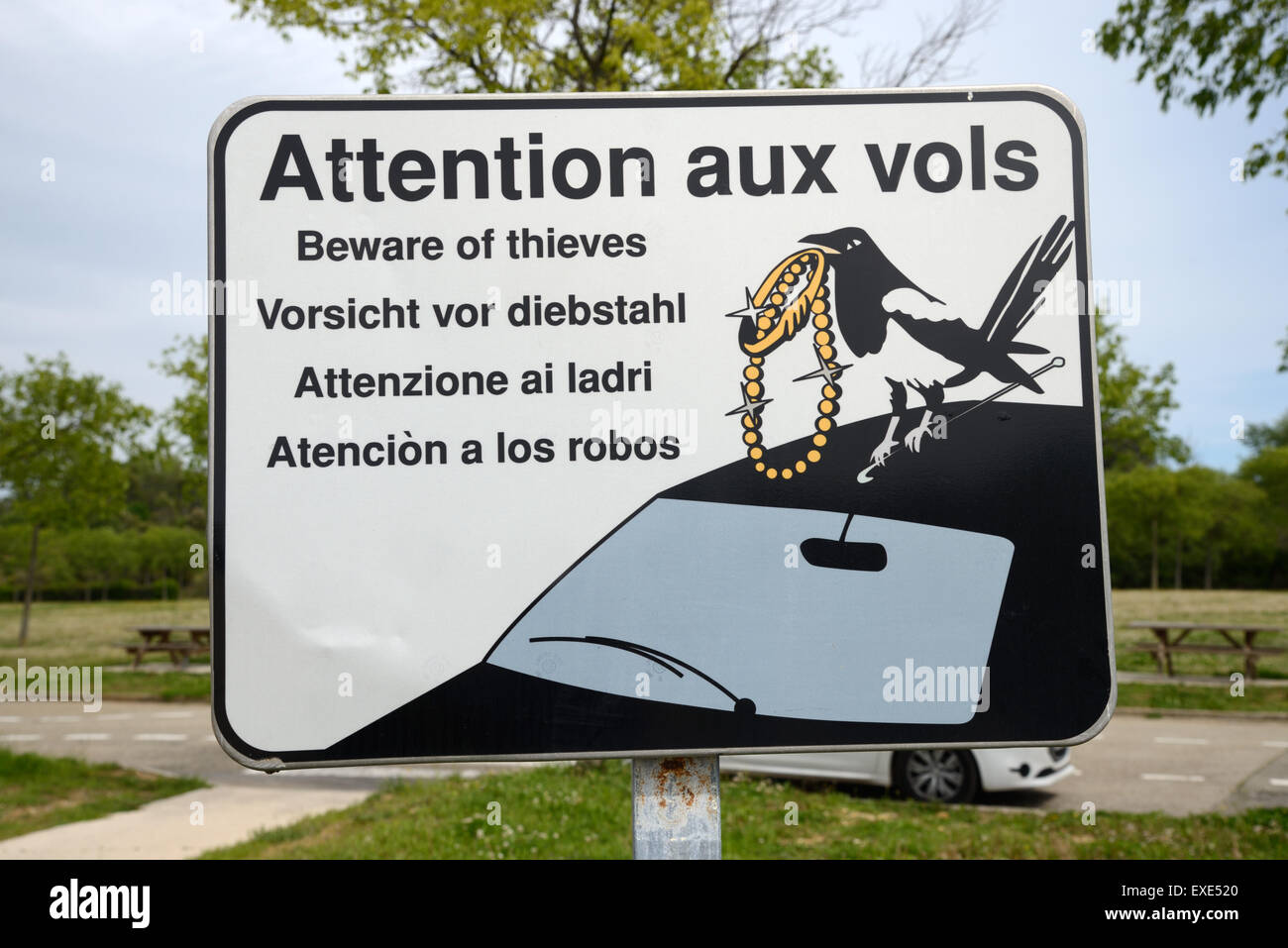 Hüten Sie sich vor Diebstahl Autokennzeichen auf Parkplatz oder Autobahn-Service-Station, die diebische Elster auf Auto-Frankreich Stockfoto