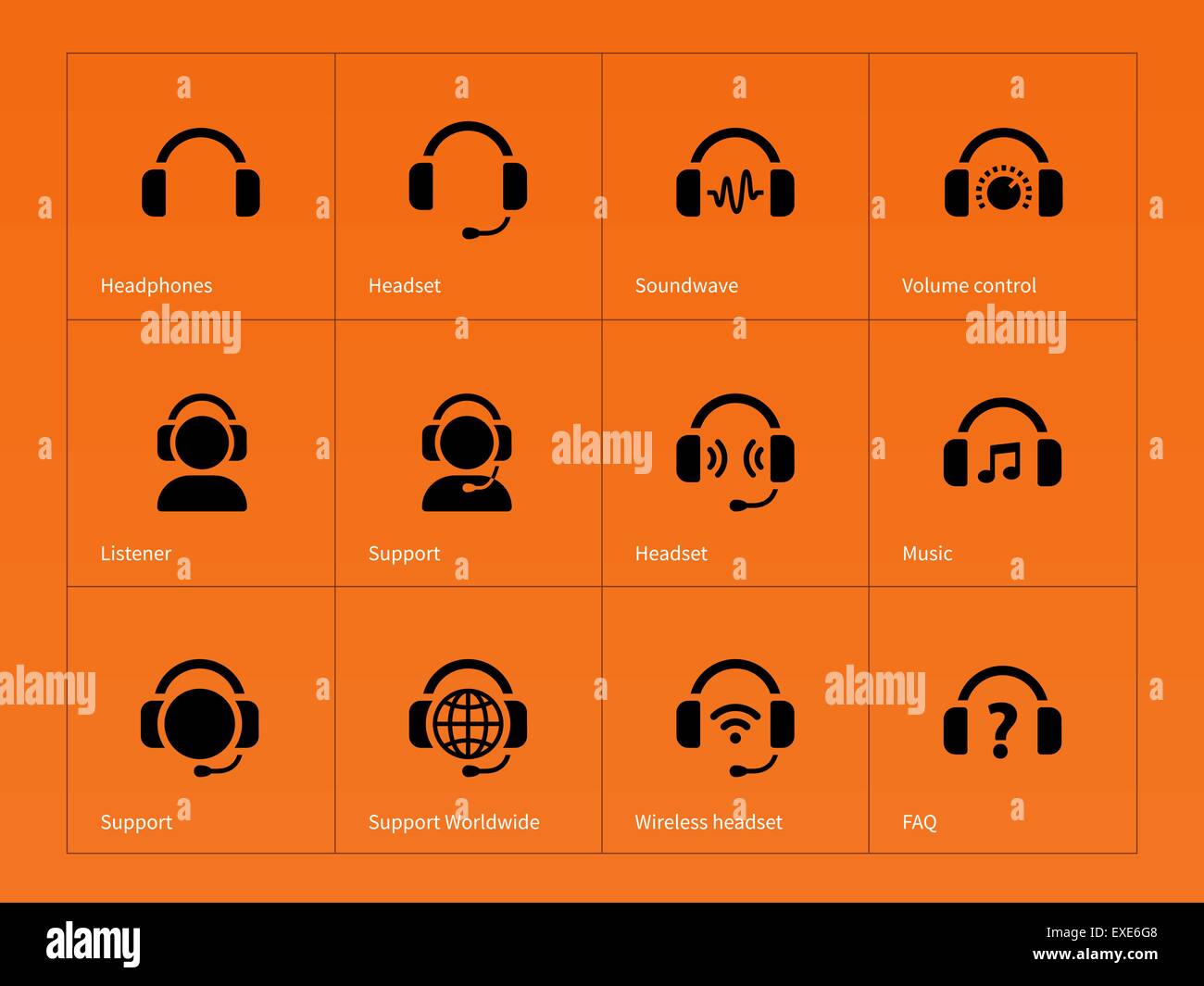 Ohrhörer-Symbole auf orangem Hintergrund. Stock Vektor