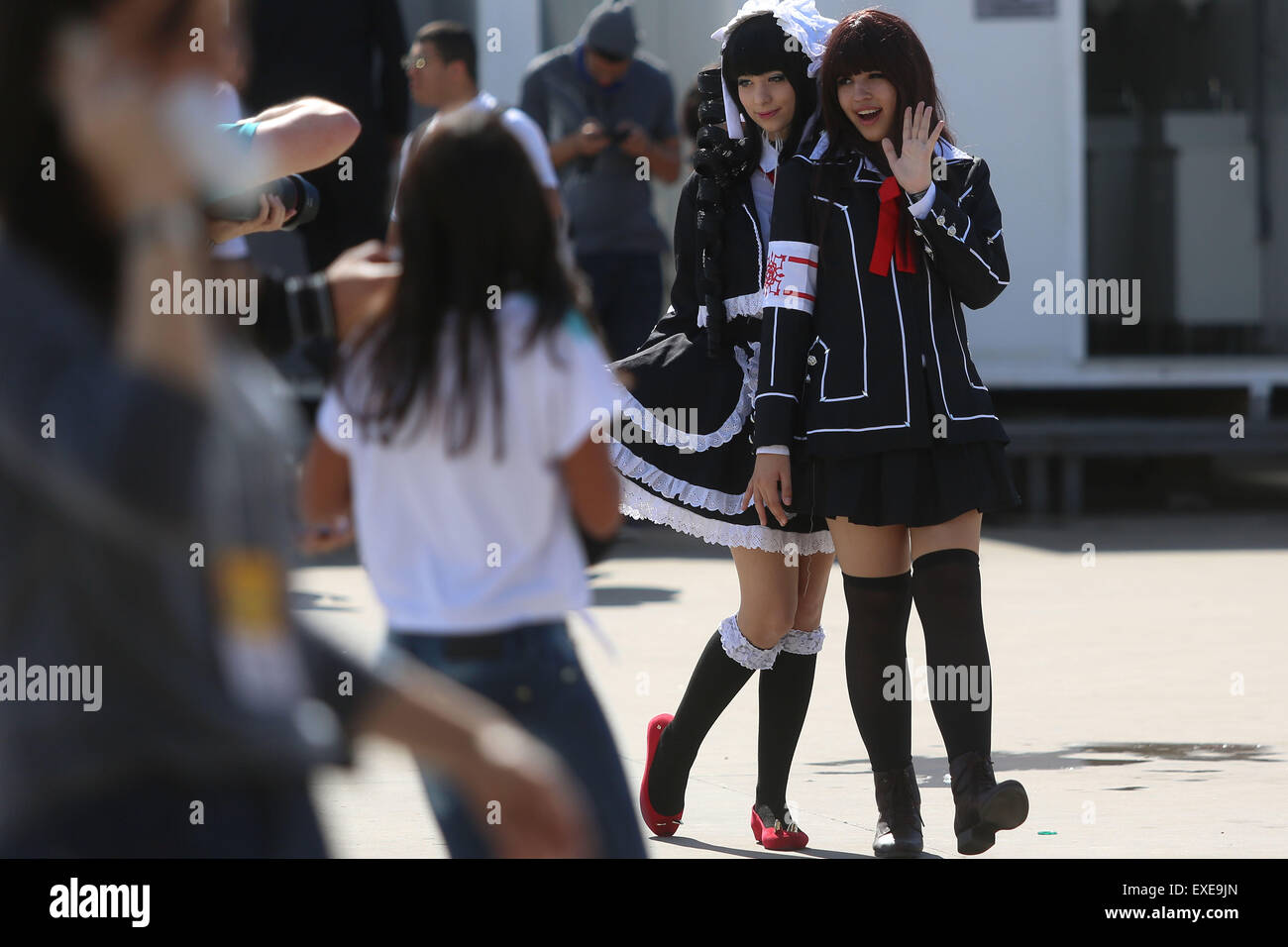 Sao Paulo, Brasilien. 12. Juli 2015. Menschen als Anime-Figuren verkleidet, besuchen Sie die Konvention "Anime-Freunde" in Sao Paulo, Brasilien, am 12. Juli 2015. © Rahel Patras/Xinhua/Alamy Live-Nachrichten Stockfoto