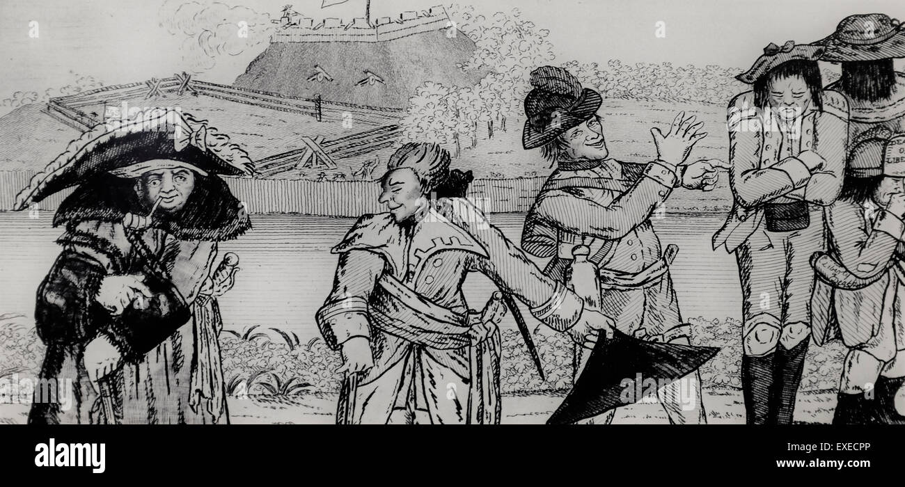 Eine Ansicht in Amerika, 1778 - britischen Karikaturisten dargestellt den elenden Zustand des gemeinen Soldaten der Kontinentalarmee Überwinterung in Valley Forge, im Gegensatz zu wohlgenährt und gut gekleidet amerikanische Offiziere und Kongressabgeordneten Stockfoto