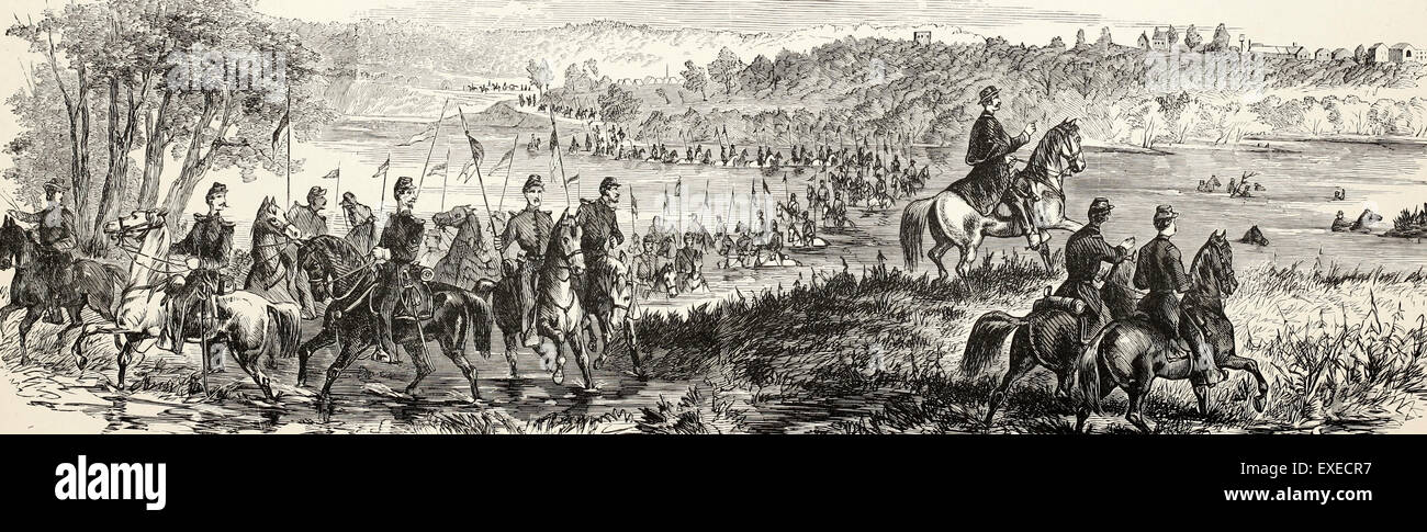 Fording des Osage River bei Warschau, Missouri durch den Bürgerkrieg Fremont Husaren, 18. Oktober 1861, USA Stockfoto