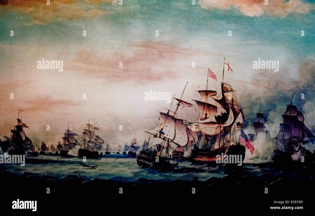 Die Schlacht der Heiligen, 12. April 1782 - Ende der Aktion - die französische Flotte verhinderte britische Verstärkung bei Yorktown 1781 wurde stichhaltig besiegt durch die britische Royal Navy in der Heiligen-Passage in der Karibik Thomas Whitcomb 1782 Stockfoto