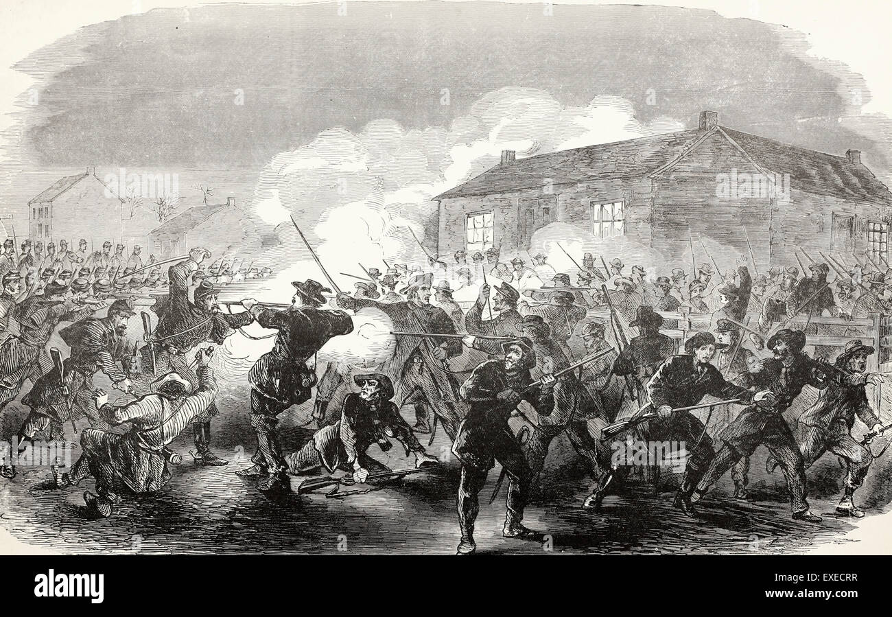 Nacht-Angriff auf die Bundesrepublik Truppen unter Major Bowen Besatzungsmacht Salem, Missouri durch die Konföderierten unter Oberst Freeman, 8. Dezember 1861 Truppen Stockfoto