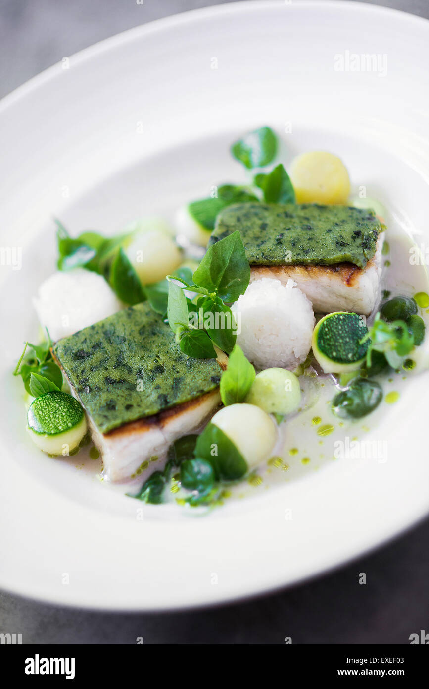 Gourmet-gegrillter Fisch mit Kräuterkruste und gekochten Gemüse in Sahnesauce Stockfoto
