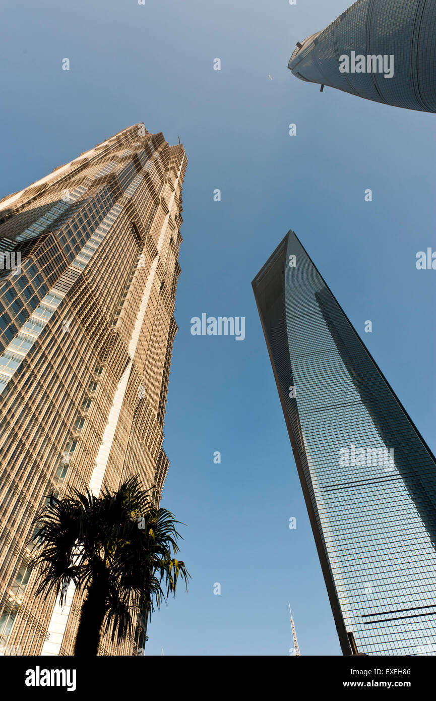 Wolkenkratzer, Jin Mao Tower, Shanghai Tower, SWFC Shanghai World Financial Center, Pudong, Shanghai, China Stockfoto