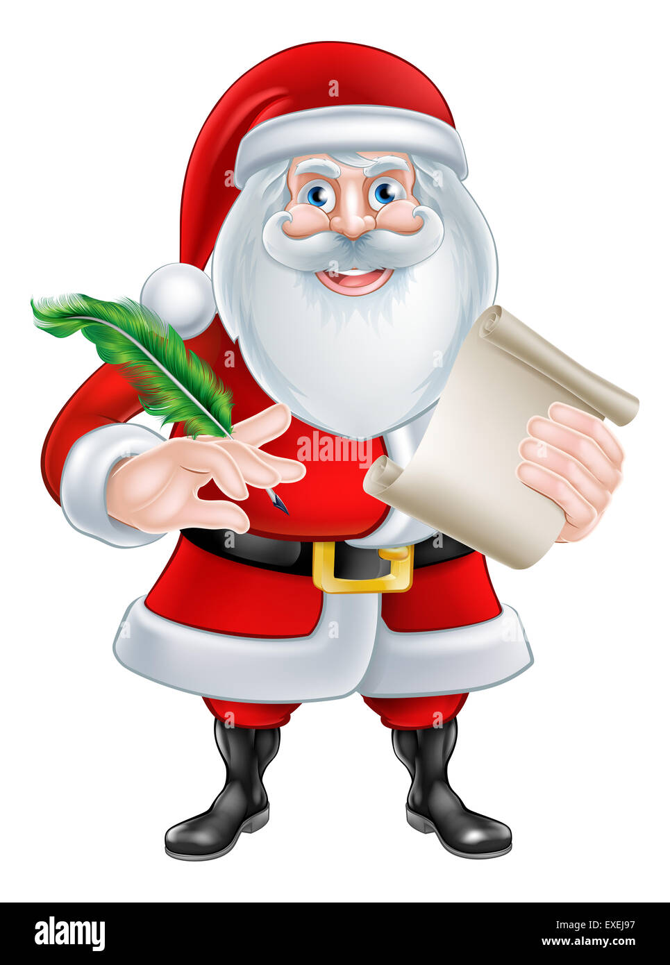 Cartoon Weihnachtsmann mit seinem Weihnachten Liste scrollen oder Brief mit einem Federkiel Stockfoto