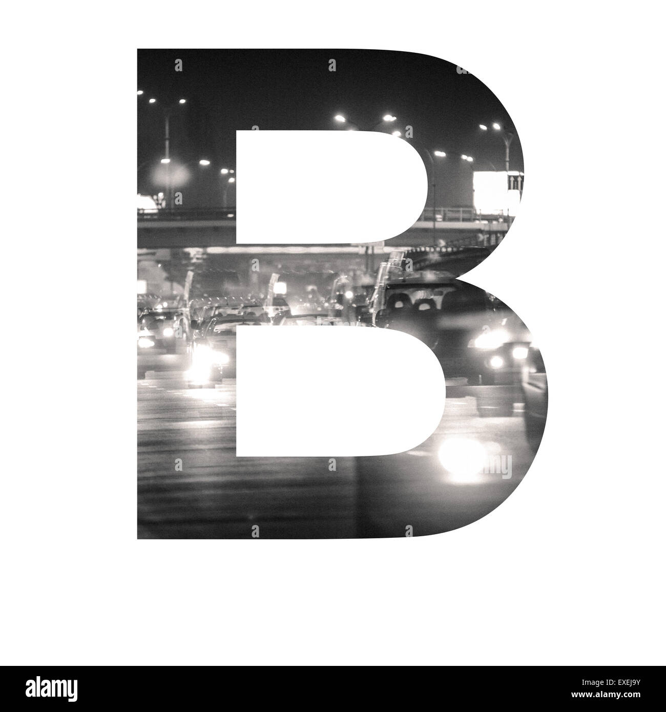 Brief-Doppelbelichtung mit schwarzen und weißen Stadtverkehr ABC Stockfoto