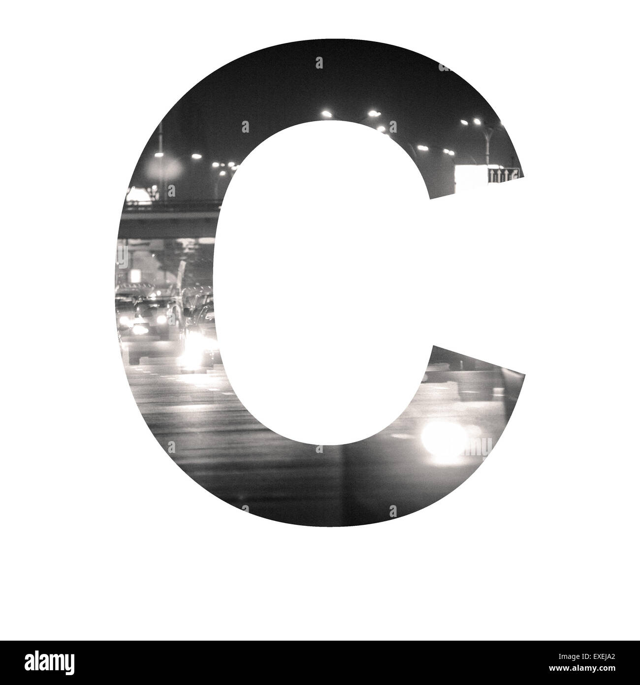 Brief-Doppelbelichtung mit schwarzen und weißen Stadtverkehr ABC Stockfoto