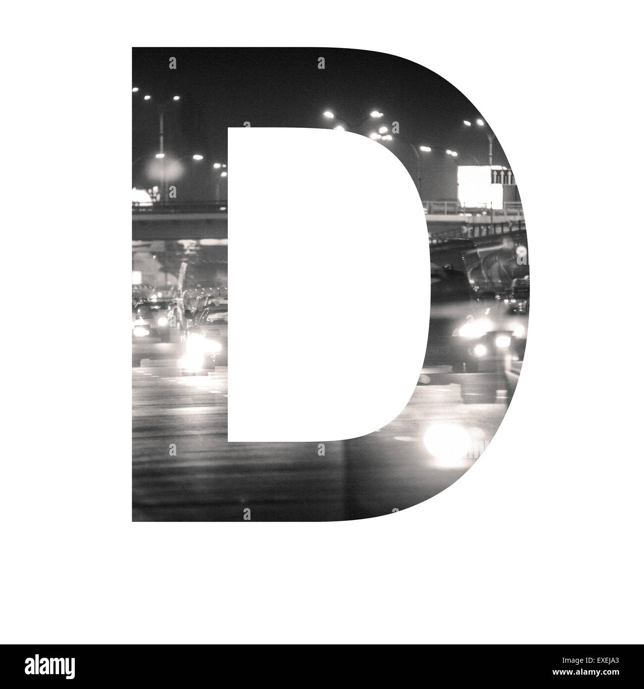 Brief-Doppelbelichtung mit schwarzen und weißen Stadtverkehr ABC Stockfoto