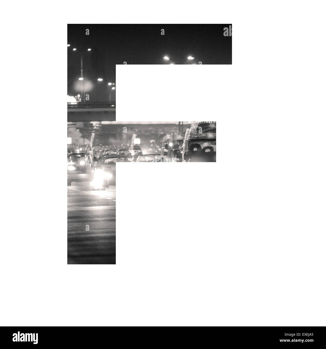 Brief-Doppelbelichtung mit schwarzen und weißen Stadtverkehr ABC Stockfoto