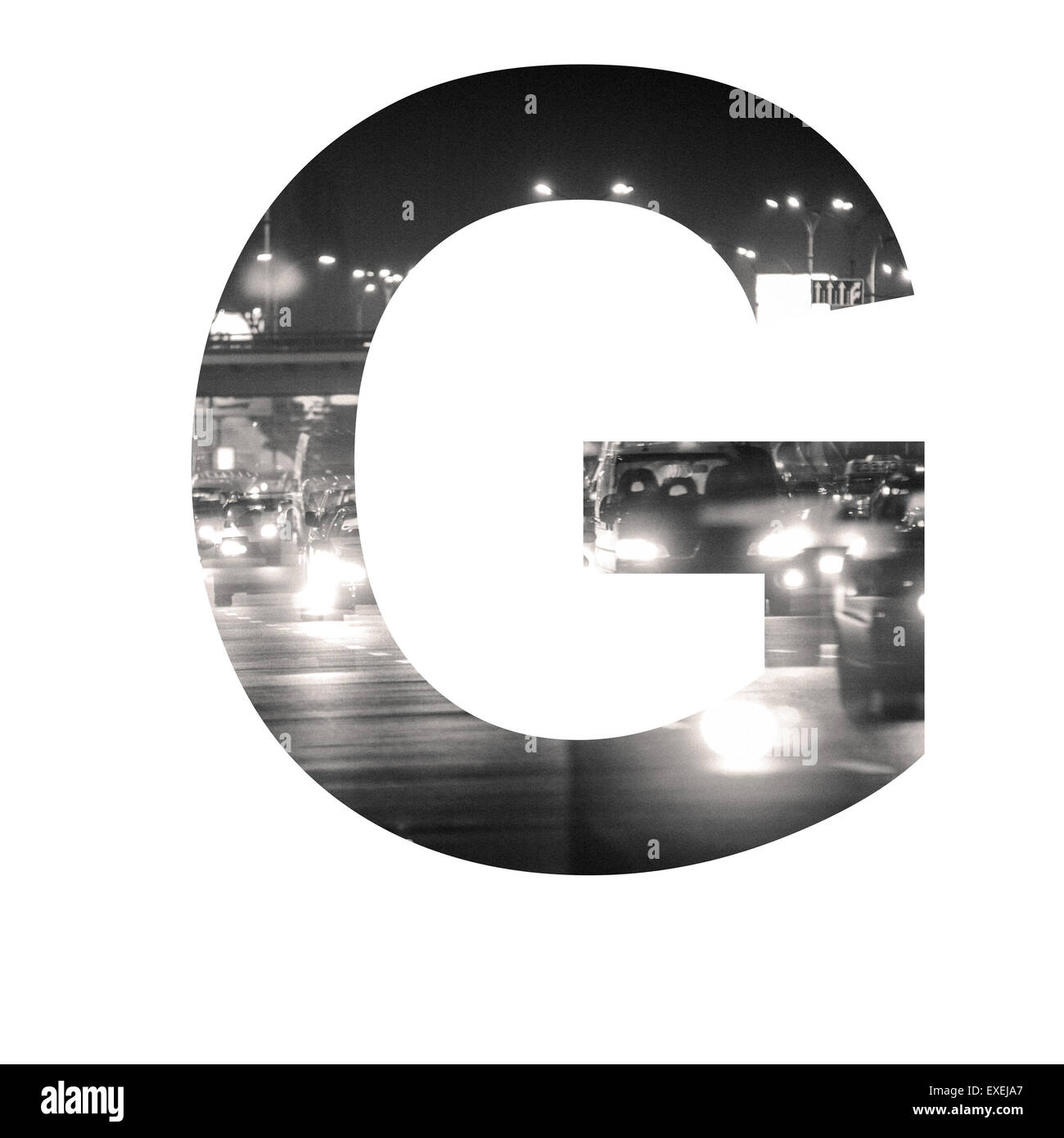 Brief-Doppelbelichtung mit schwarzen und weißen Stadtverkehr ABC Stockfoto