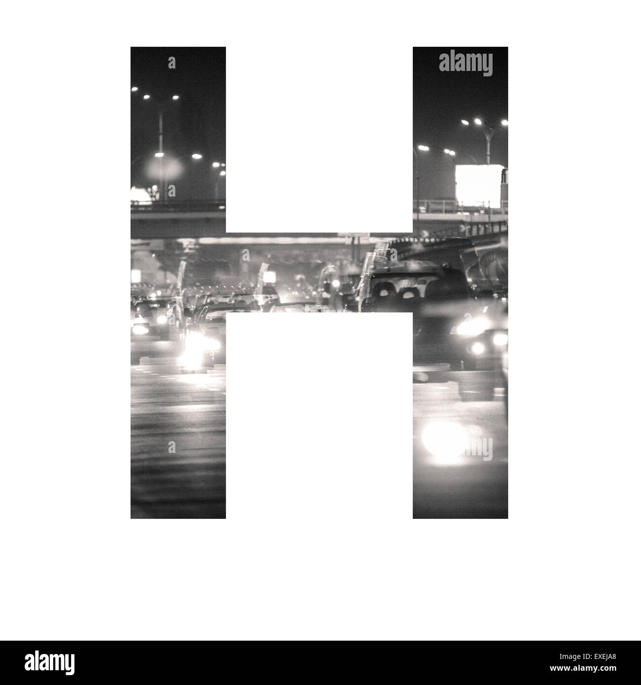 Brief-Doppelbelichtung mit schwarzen und weißen Stadtverkehr ABC Stockfoto