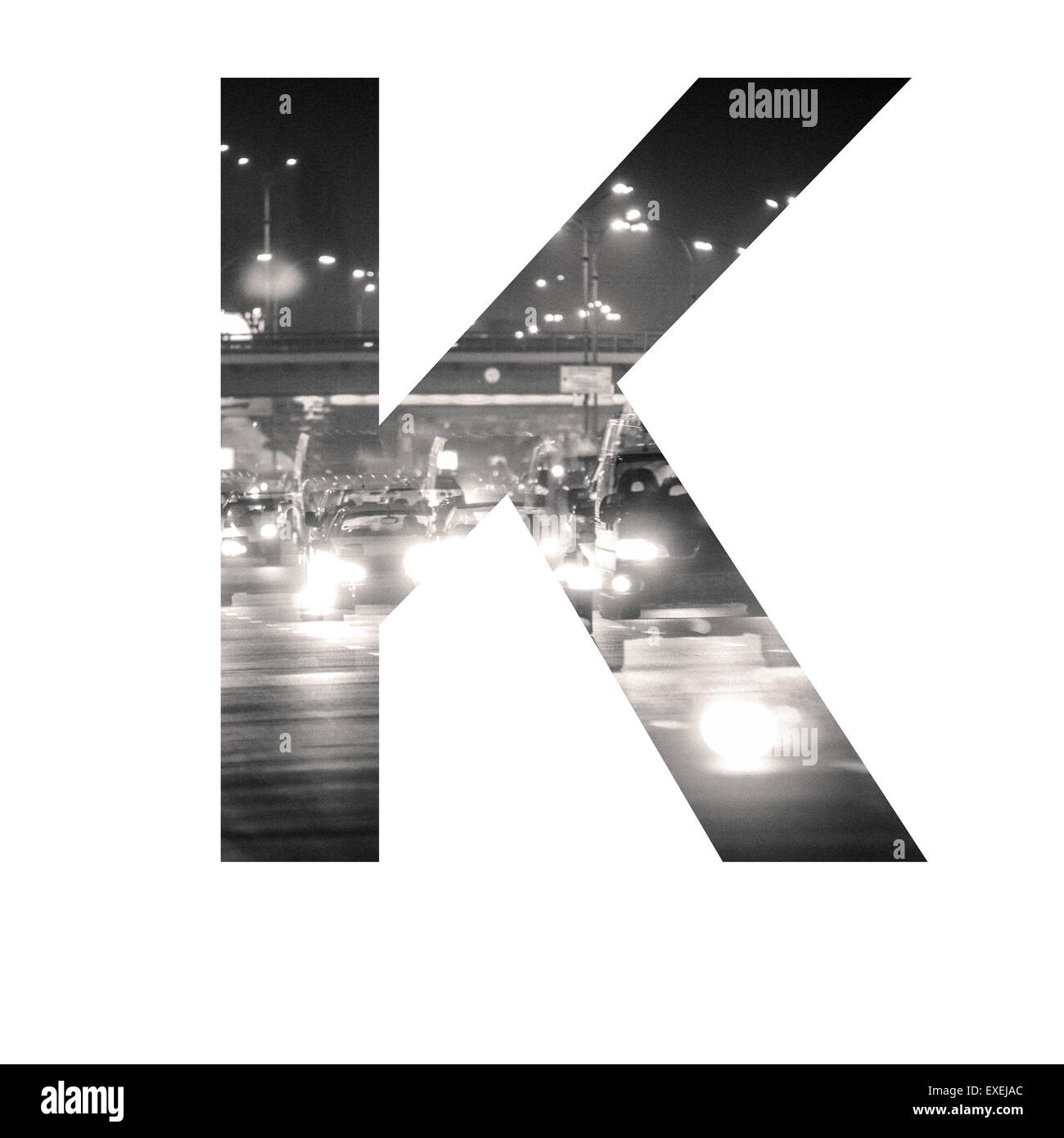 Brief-Doppelbelichtung mit schwarzen und weißen Stadtverkehr ABC Stockfoto