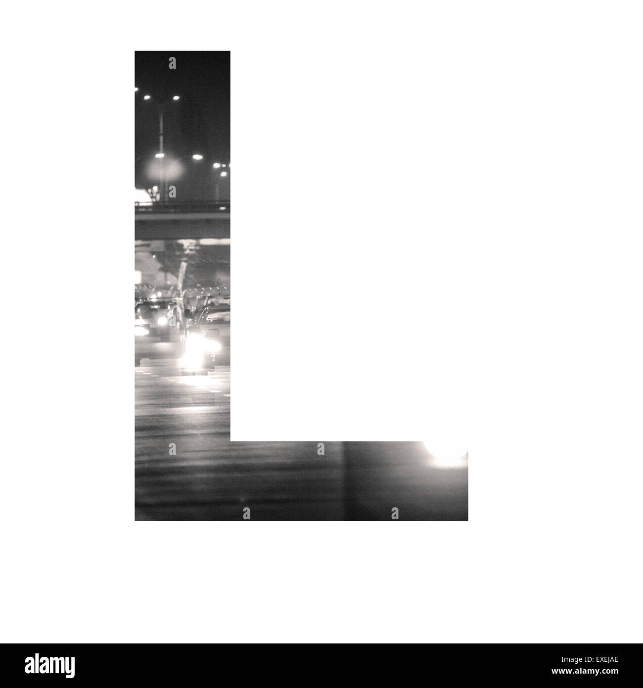 Brief-Doppelbelichtung mit schwarzen und weißen Stadtverkehr ABC Stockfoto