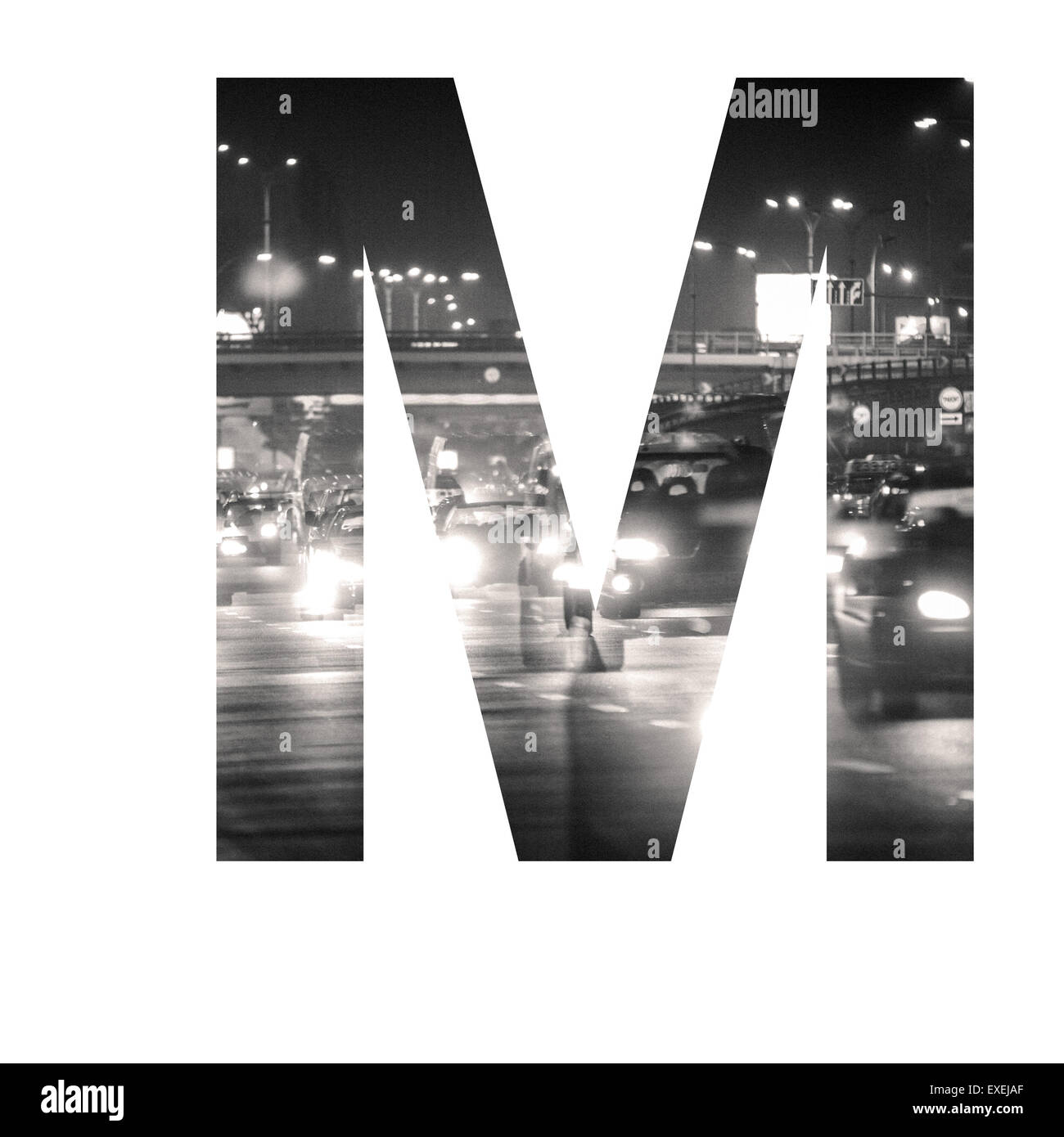 Brief-Doppelbelichtung mit schwarzen und weißen Stadtverkehr ABC Stockfoto