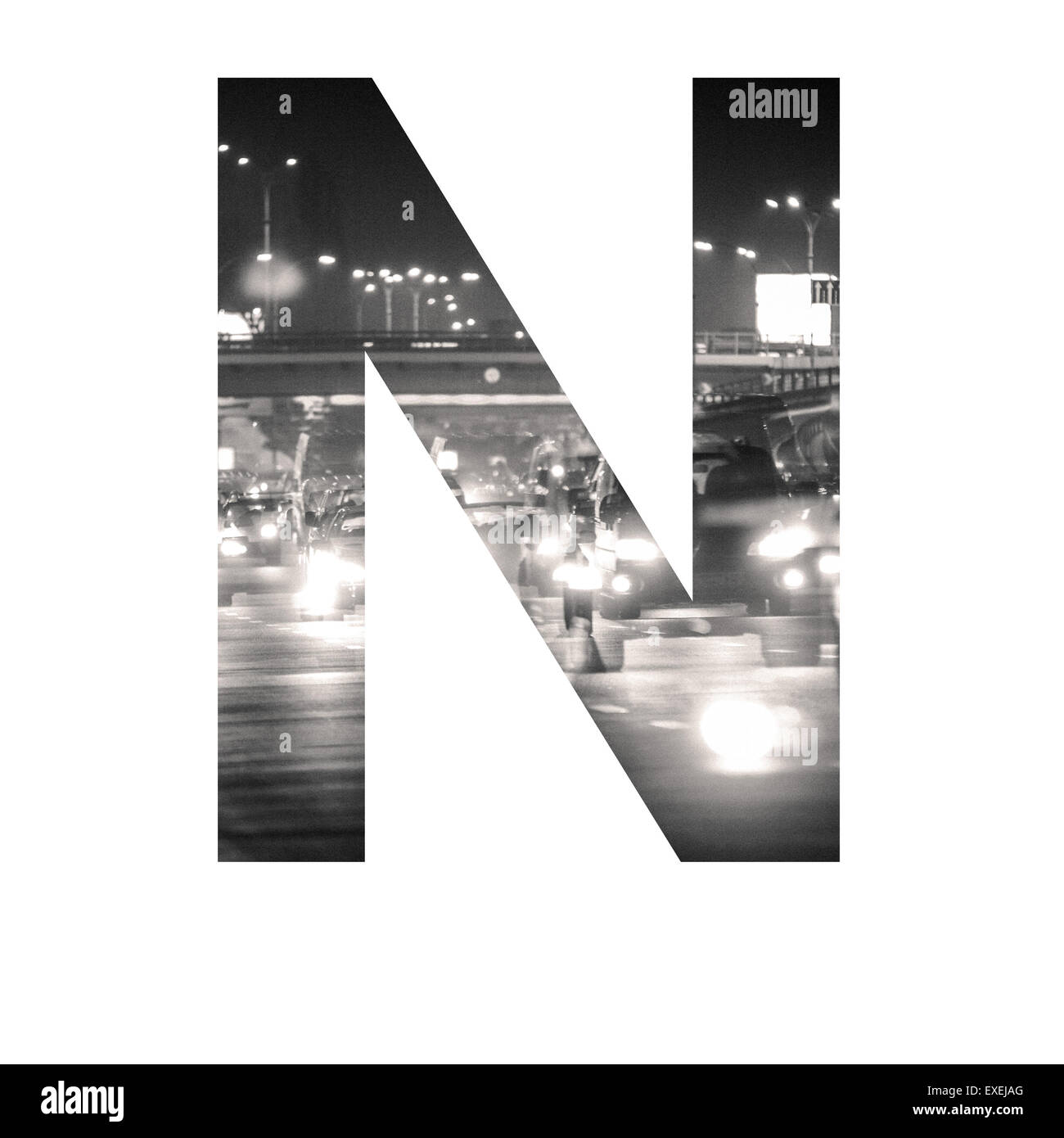 Brief-Doppelbelichtung mit schwarzen und weißen Stadtverkehr ABC Stockfoto
