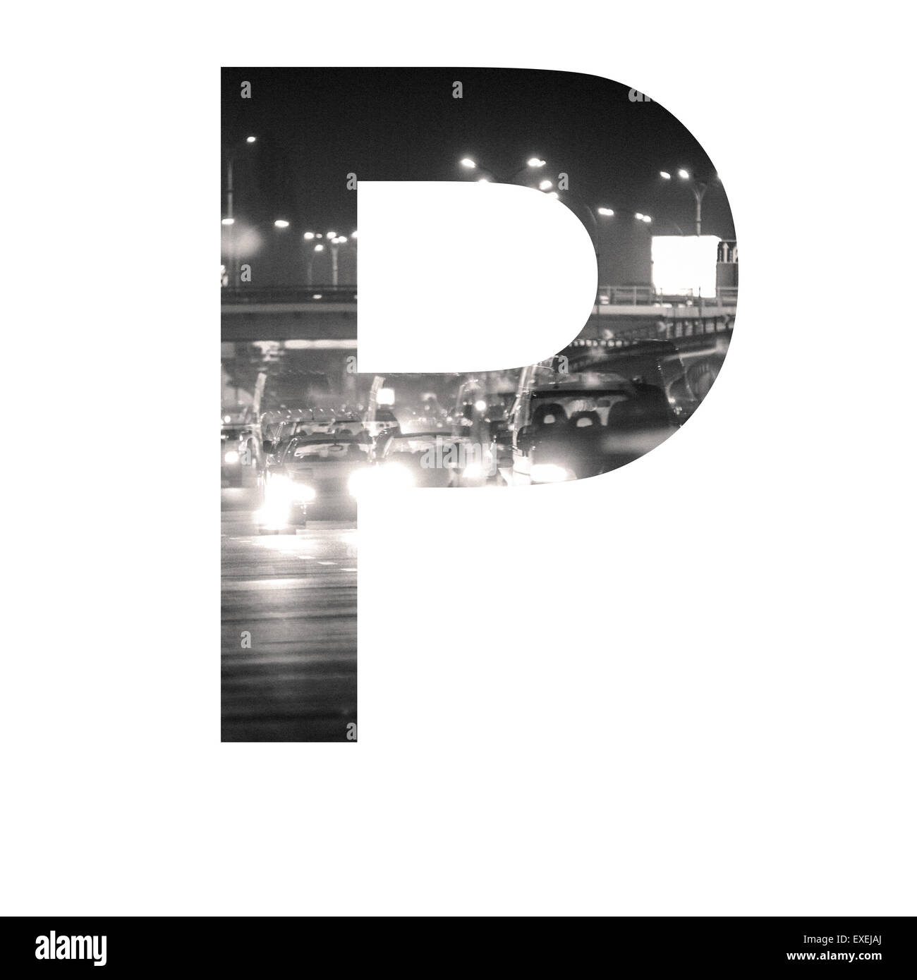 Brief-Doppelbelichtung mit schwarzen und weißen Stadtverkehr ABC Stockfoto