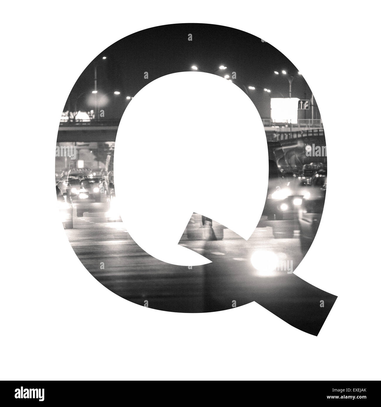 Brief-Doppelbelichtung mit schwarzen und weißen Stadtverkehr ABC Stockfoto