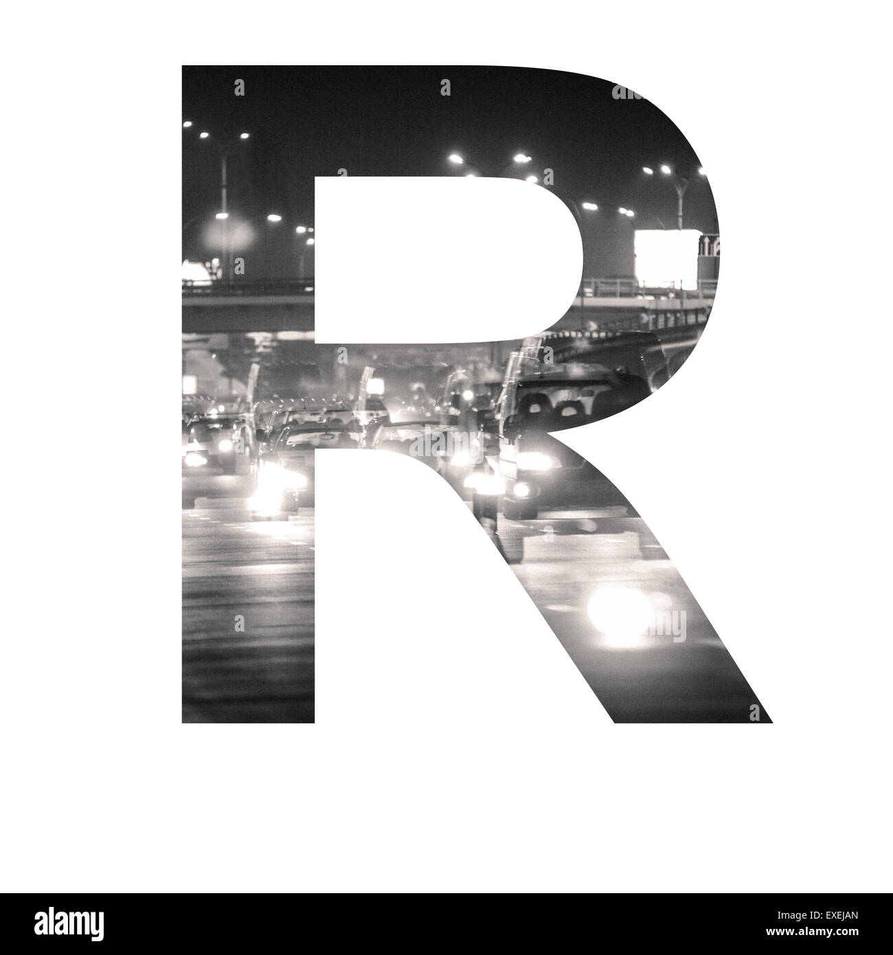 Brief-Doppelbelichtung mit schwarzen und weißen Stadtverkehr ABC Stockfoto