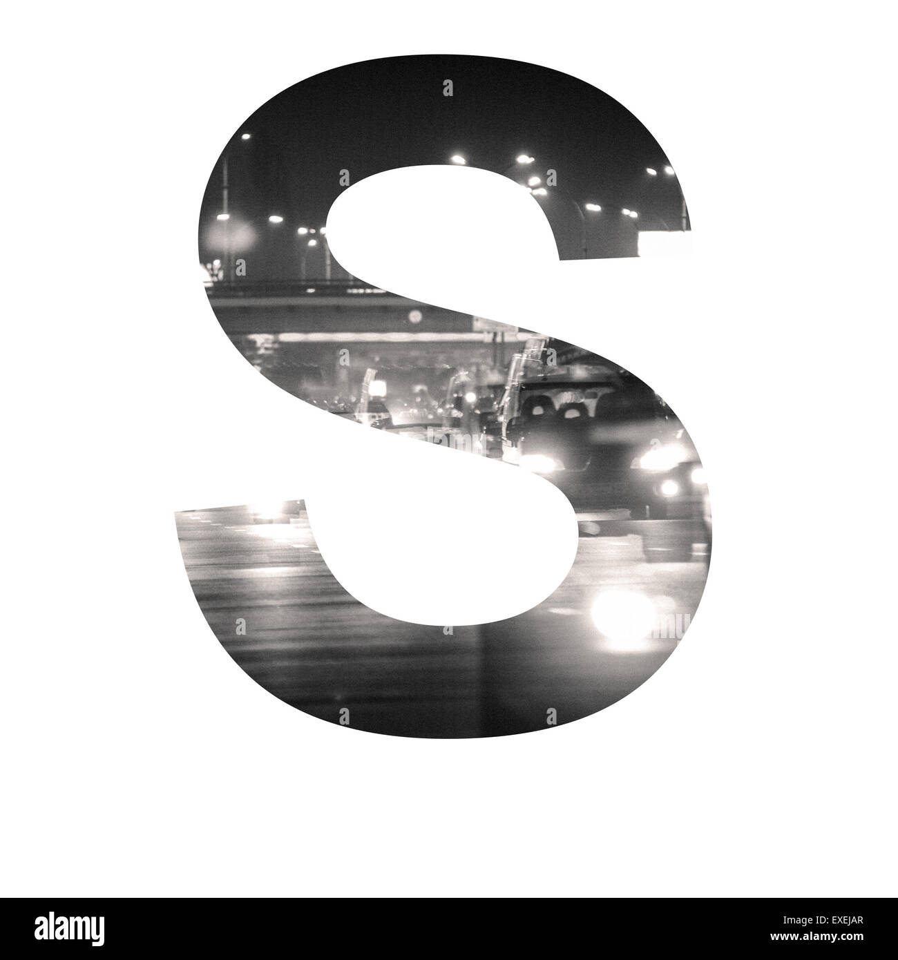 Brief-Doppelbelichtung mit schwarzen und weißen Stadtverkehr ABC Stockfoto