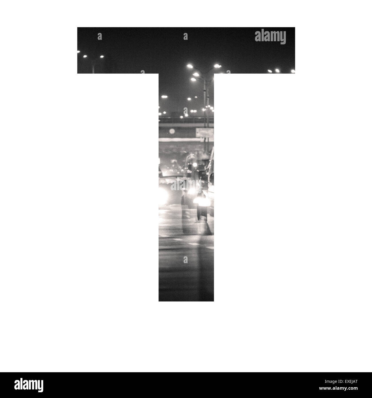 Brief-Doppelbelichtung mit schwarzen und weißen Stadtverkehr ABC Stockfoto