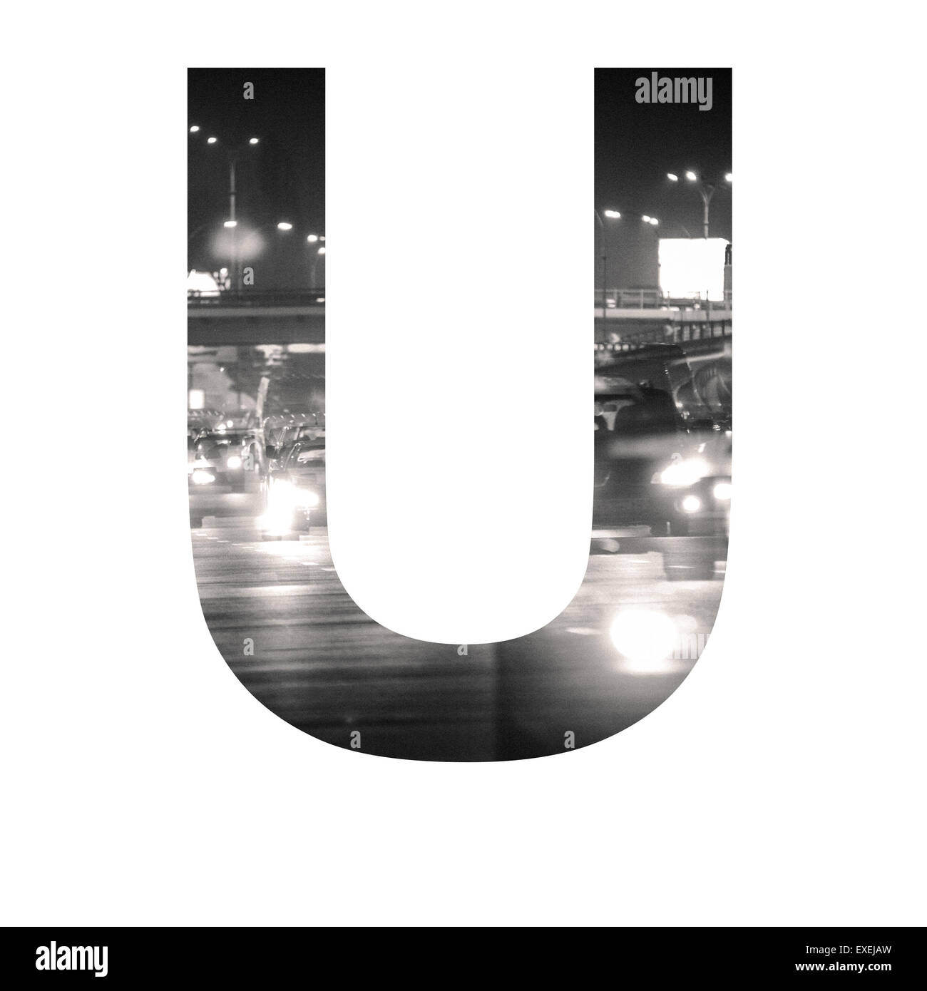Brief-Doppelbelichtung mit schwarzen und weißen Stadtverkehr ABC Stockfoto