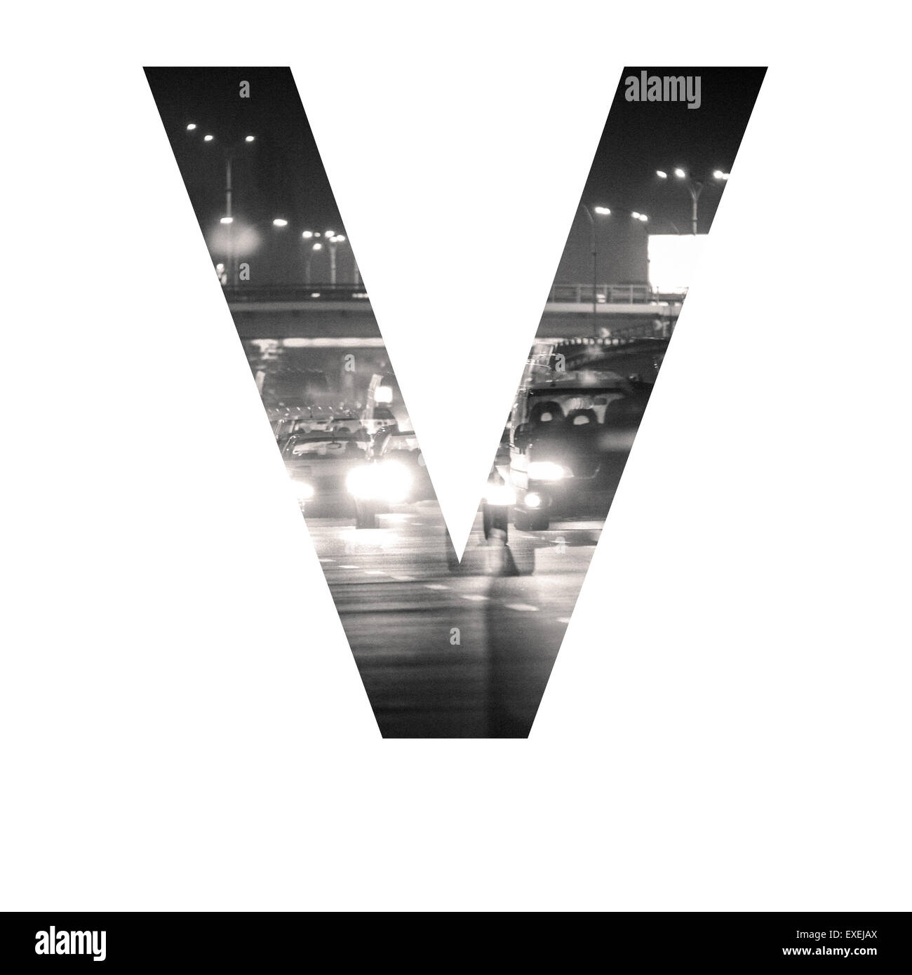 Brief-Doppelbelichtung mit schwarzen und weißen Stadtverkehr ABC Stockfoto