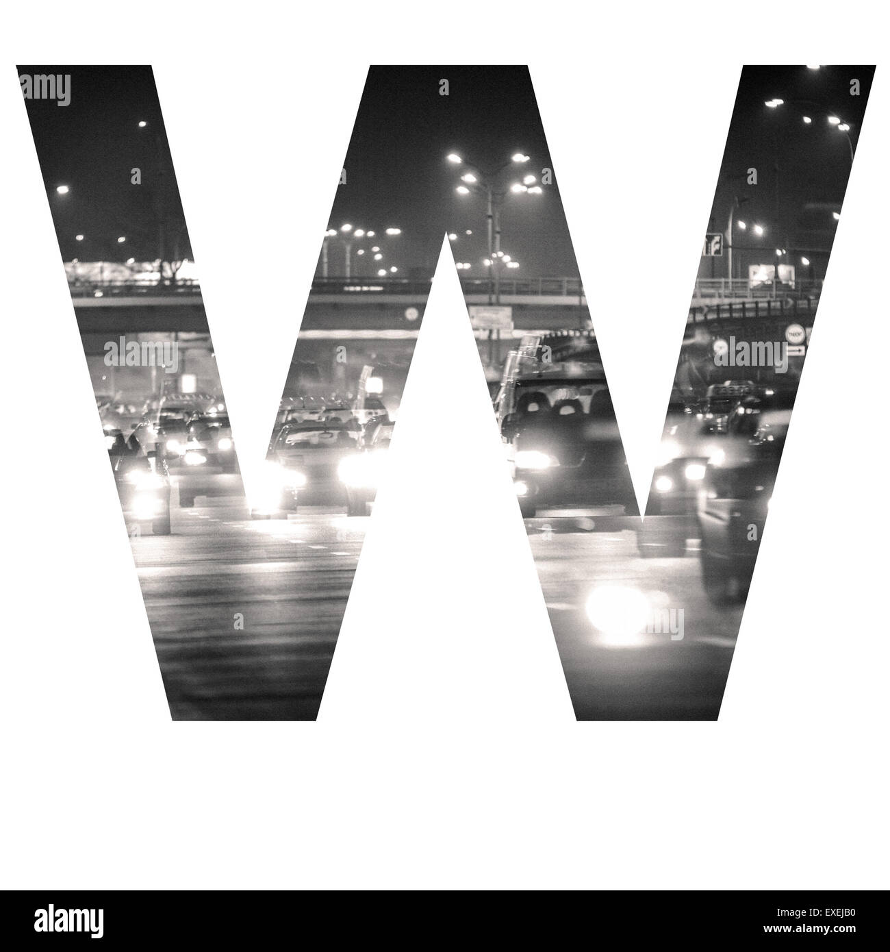 Brief-Doppelbelichtung mit schwarzen und weißen Stadtverkehr ABC Stockfoto