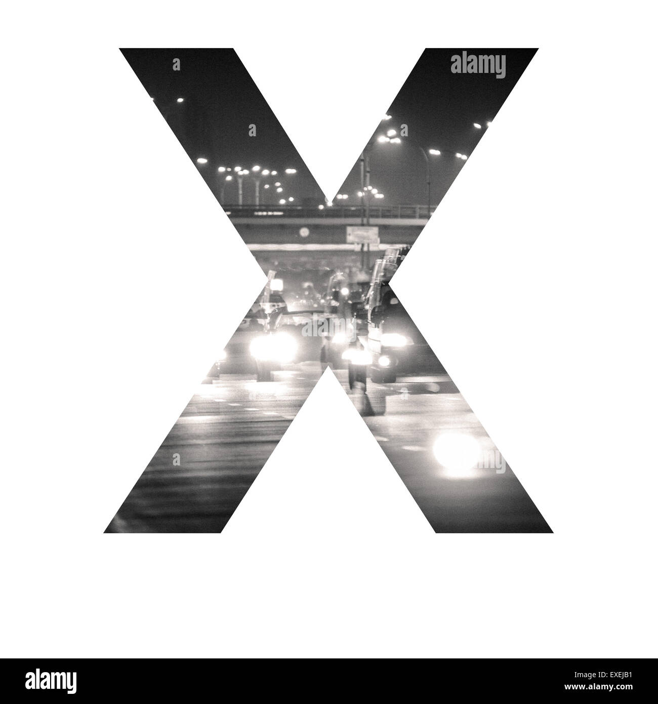 Brief-Doppelbelichtung mit schwarzen und weißen Stadtverkehr ABC Stockfoto