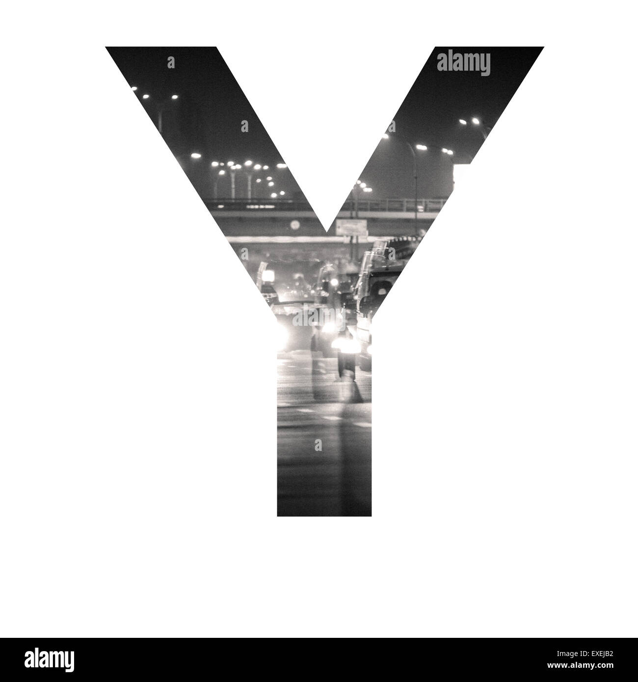 Brief-Doppelbelichtung mit schwarzen und weißen Stadtverkehr ABC Stockfoto