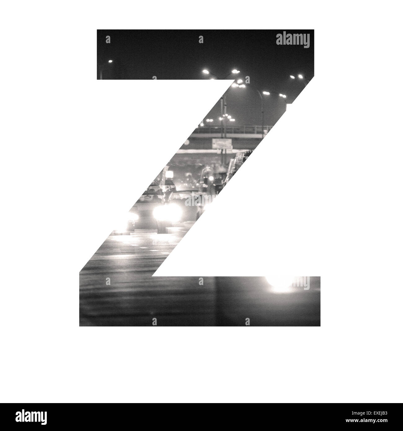Brief-Doppelbelichtung mit schwarzen und weißen Stadtverkehr ABC Stockfoto