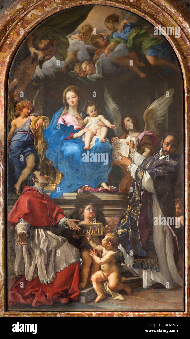 Rom, Italien - 26. März 2015: Thronende Madonna mit SS Karl Borromäus und Ignatius von Carlo Maratta 1680, Kirche Chiesa Nuova Stockfoto