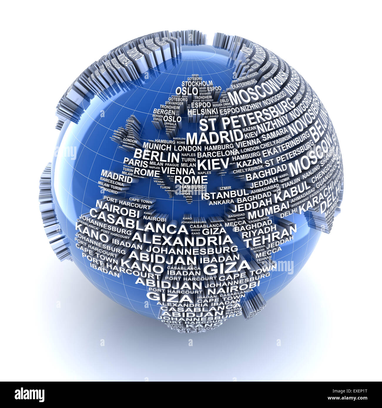 Erde mit Namen der Hauptstädte der Welt Stockfoto