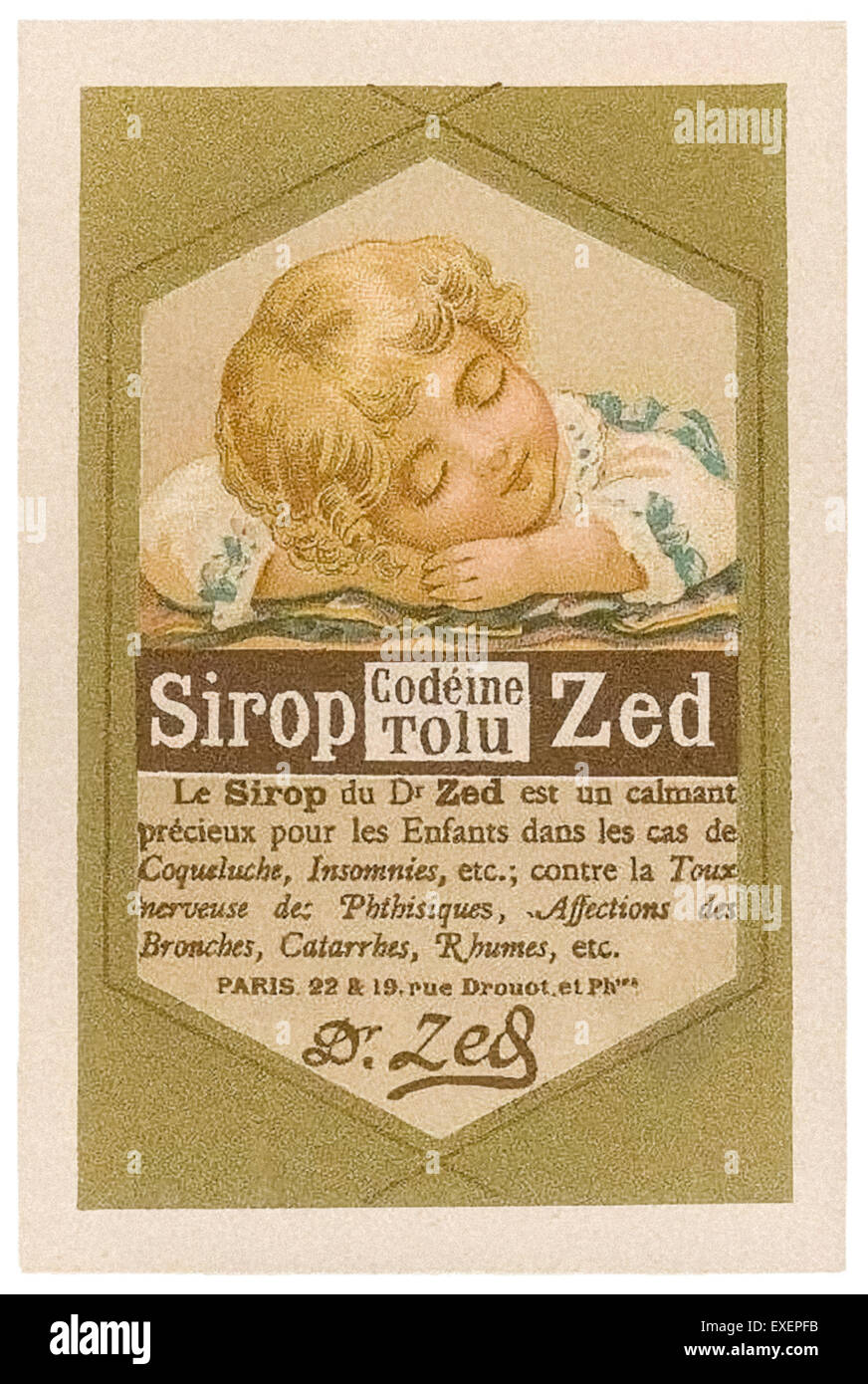 Sammelkarte für Sirop Zed von Léopold Verger & Companie, Paris um 1890 hergestellt. Sirop-Zed (und das Begleitprodukt Sirop Pate für Erwachsene) war eine populäre französische Hustensaft und Medizin für Kinder vermarktet um Halsschmerzen und Schlaflosigkeit helfen. Der Wirkstoff in beiden wurde Codein, ein Schlaf-induzierende und Analgetikum Droge von Opium abgeleitet. Diese Periode Sammelkarte verfügt über ein schlafendes Kind und den Text liest "Zed Codein Sirup für Kinder mit y Goldkind Schlaf bei Schlaflosigkeit, Keuchhusten und Bronchitis". Siehe Beschreibung für mehr Informationen. Stockfoto