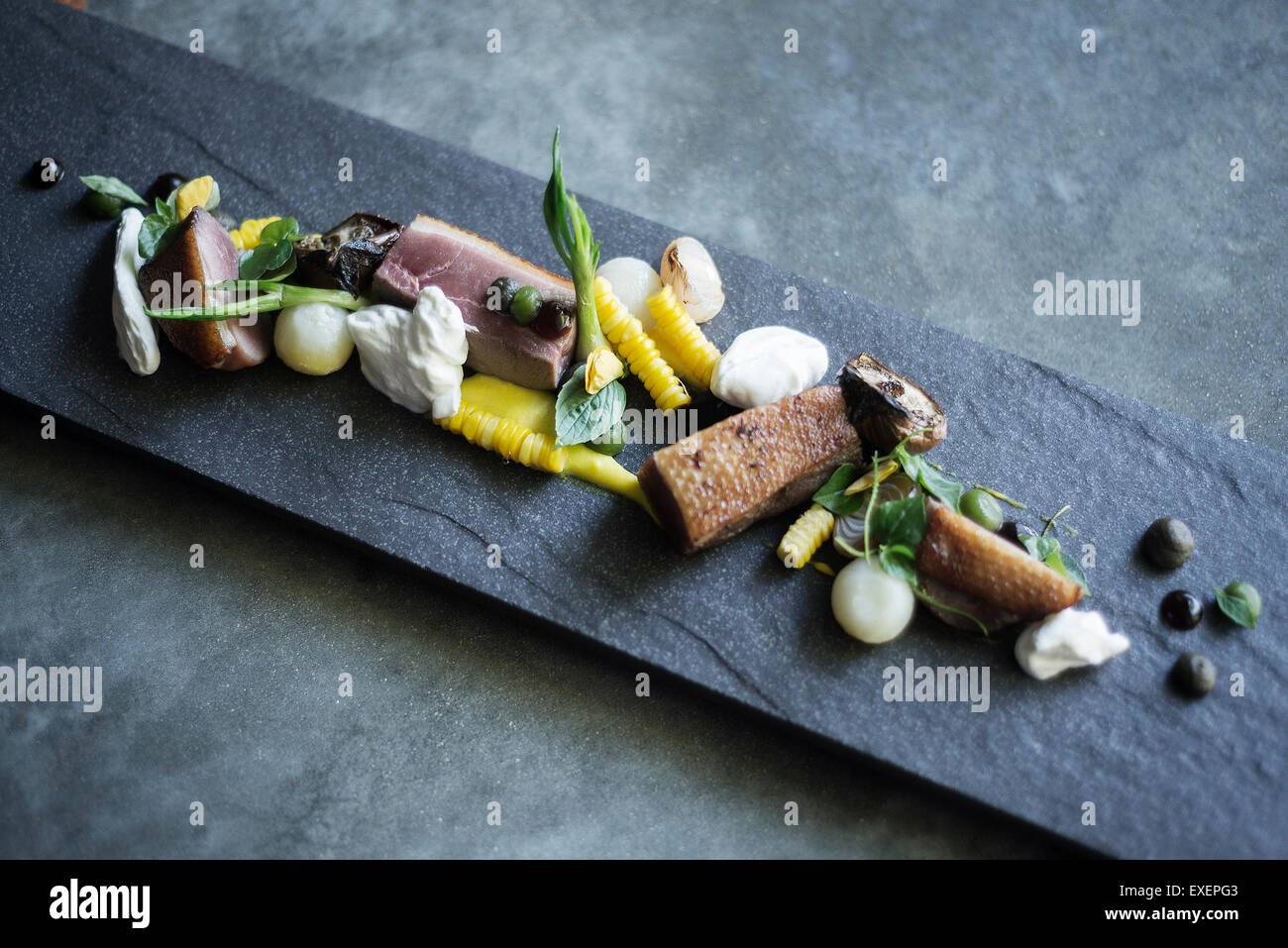 Gourmet-Küche Schweinefleisch Gemüse und Sauerrahm Stockfoto