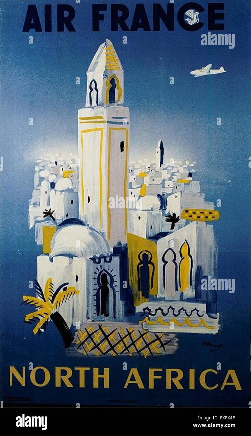 Dieses Vintage-Poster von Air France wirbt für Reisen nach Nordafrika und zeigt die Flugrouten und Reiseziele der Fluggesellschaft. Air France spielte eine wichtige Rolle bei der Verbindung zwischen Europa und Afrika, insbesondere in der Mitte des 20. Jahrhunderts. Stockfoto