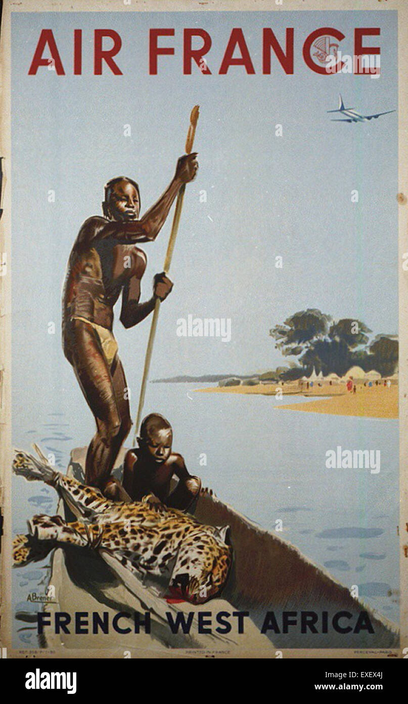 Dieses Vintage-Poster von Air France wirbt für die Flugdienste der Fluggesellschaft in Französisch-Westafrika und unterstreicht die Bedeutung des Flugreisens für die Verbindung entfernter Regionen zwischen Anfang und Mitte des 20. Jahrhunderts. Stockfoto