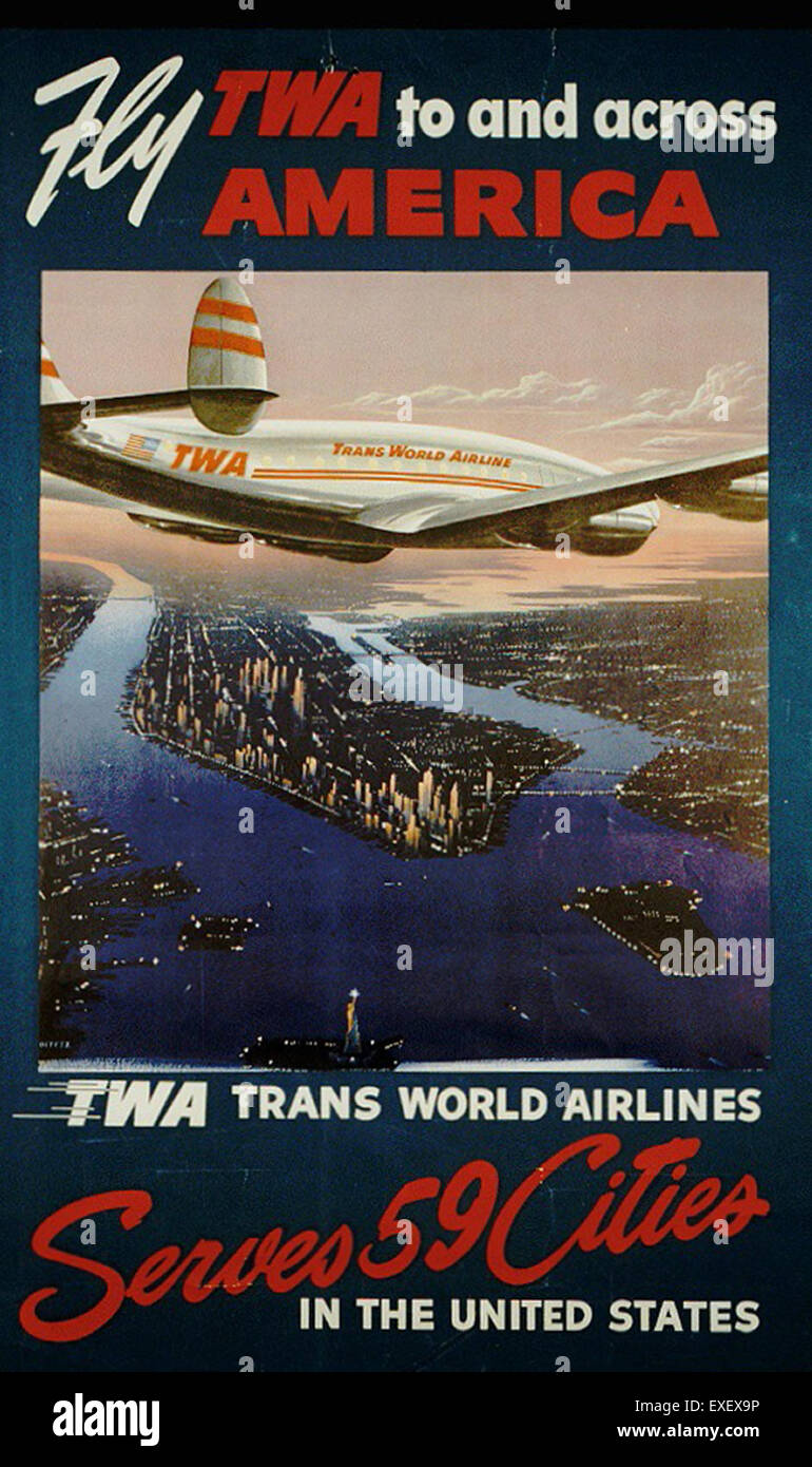 Dieses Vintage-Poster zeigt Trans World Airlines (TWA) und sein umfangreiches Netz von 59 bedienten Städten. Das Design spiegelt die globale Reichweite und Bekanntheit der Fluggesellschaft in der Mitte des 20. Jahrhunderts wider. Stockfoto