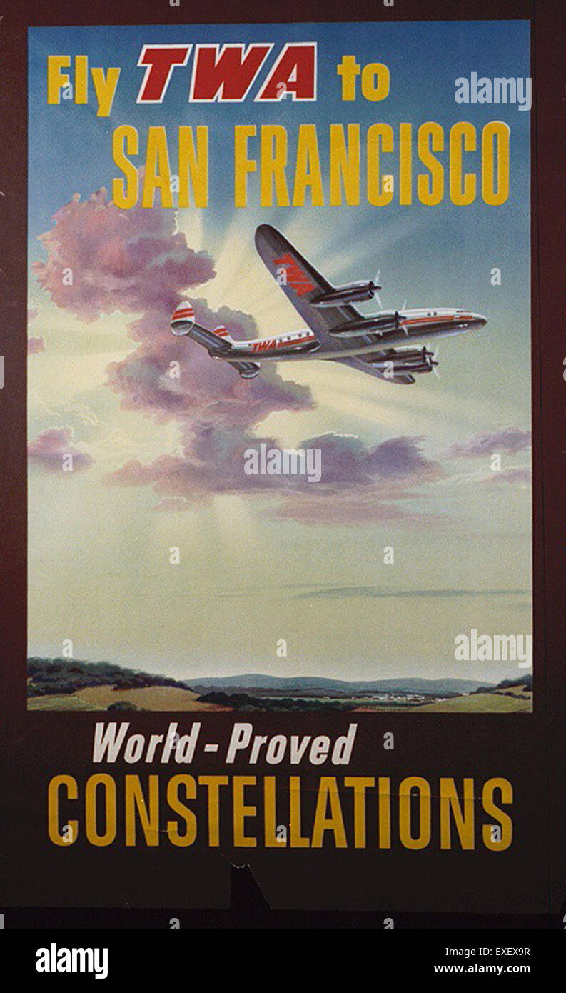 Dieses Poster von TWA (Trans World Airlines) zeigt den Service der Fluggesellschaft nach San Francisco. TWA war eine der wichtigsten Fluggesellschaften in den USA, die in der Mitte des 20. Jahrhunderts nationale und internationale Flüge durchführte. Stockfoto