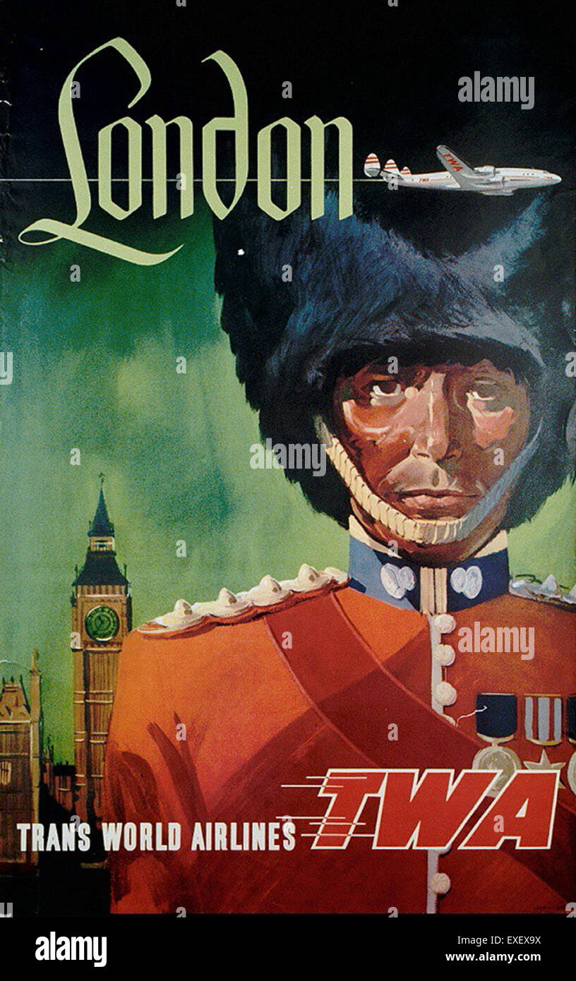 Dieses Werbeplakat von Trans World Airlines (TWA) zeigt eine Flugroute nach London und spiegelt die Rolle der Fluggesellschaft bei der Ausweitung des transatlantischen Reiseverkehrs wider. TWA war ein bedeutender US-amerikanischer Flugzeugträger im 20. Jahrhundert, der für seine internationalen Verbindungen bekannt war. Stockfoto