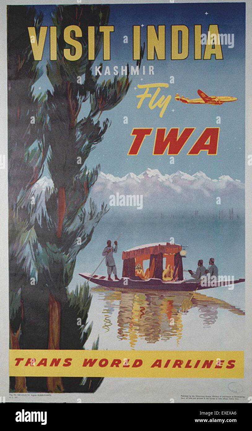 Dieses Vintage-Poster von Trans World Airlines (TWA) wirbt für Flüge nach Indien. TWA war eine der wichtigsten Fluggesellschaften des 20. Jahrhunderts, die für ihre internationalen Routen und Verbindungen rund um den Globus bekannt war. Stockfoto