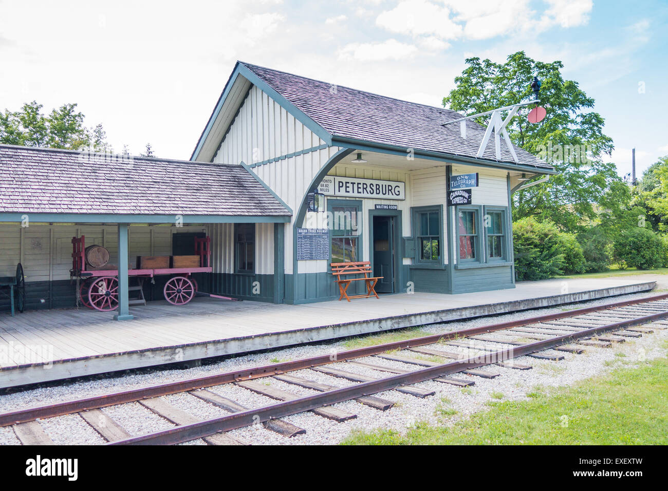 1900er Jahre Doon Heritage Village Grafschaft Petersburg Eisenbahn ländlichen Bahnhof waterloo Stockfoto