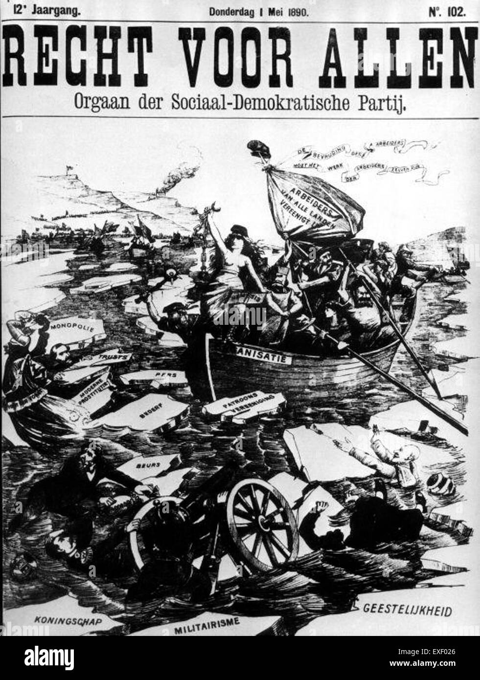 Dieses Cover eines niederländischen sozialistischen Magazins aus dem 19. Jahrhundert zeigt den frühen grafischen Designstil der damaligen Zeit. Sie spiegelt die wachsenden politischen Bewegungen und sozialen Veränderungen wider, die in den Niederlanden während der industriellen Revolution und des Aufstiegs des Sozialismus stattgefunden haben. Stockfoto