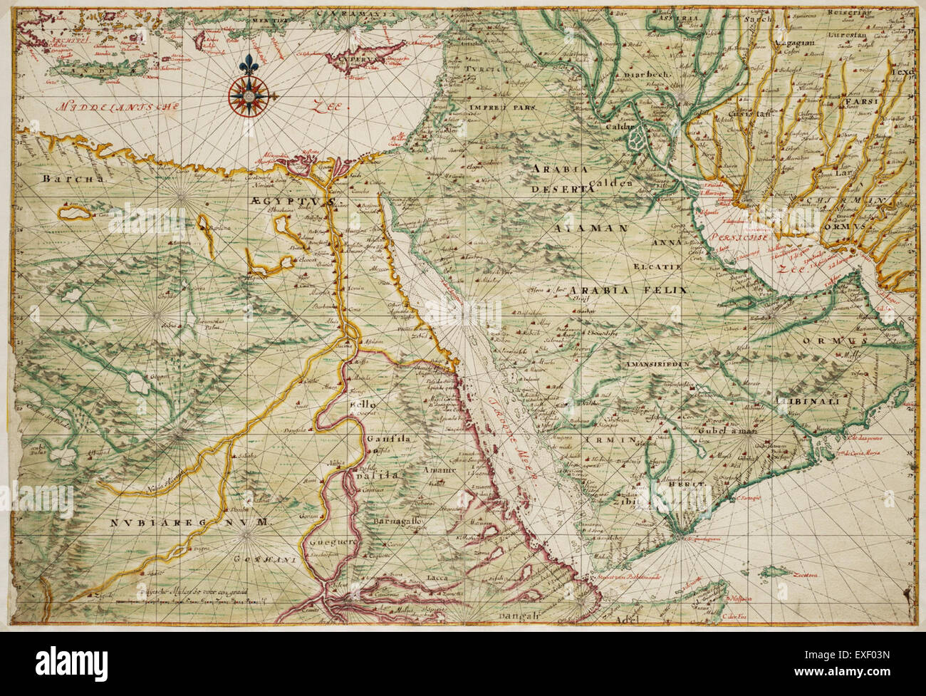 Diese Karte aus dem 17. Jahrhundert bietet einen historischen Blick auf die Region und veranschaulicht das geografische Wissen und den künstlerischen Stil der Zeit. Die Karte ist eine wertvolle Ressource, um zu verstehen, wie Ägypten in der Frühen Neuzeit wahrgenommen wurde. Stockfoto