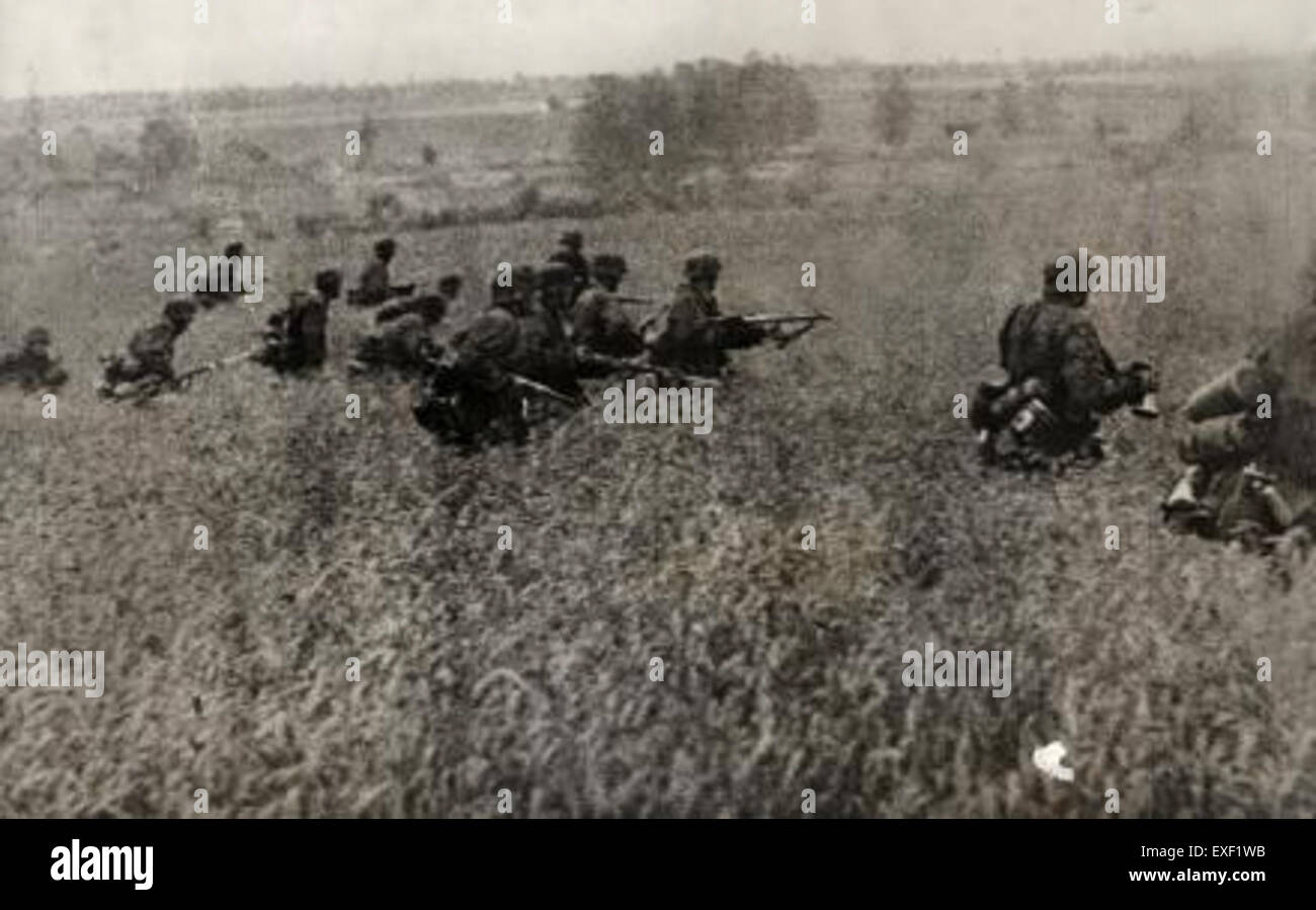 Dieses historische Bild zeigt deutsche Sturmtruppen (Stoottroepen) während ihres Feldzugs in Russland und spiegelt die militärische Taktik und Ausrüstung der Ostfront des Ersten Weltkriegs wider Stockfoto