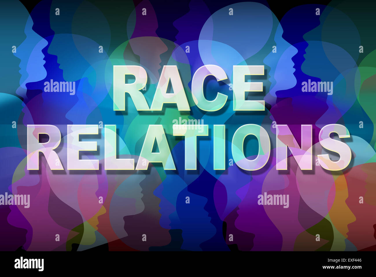 Rennenrelationen soziale Problem Konzept als eine Gruppe von Menschen Köpfe und Gesichter in verschiedenen Farben mit Text als Symbol für multikulturelle Beziehungen in der Gesellschaft zwischen ethnischen Gruppen und rassische Respekt und Verständnis... Stockfoto