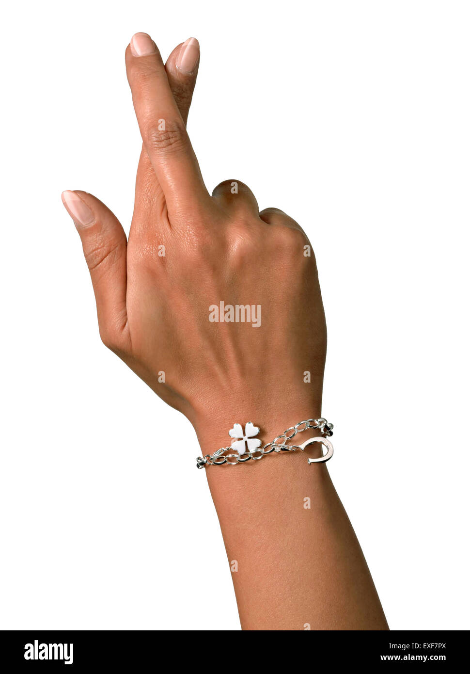 Ein Schuss einer Dame, die ihre Finger drückt, um Glück zu haben Stockfoto