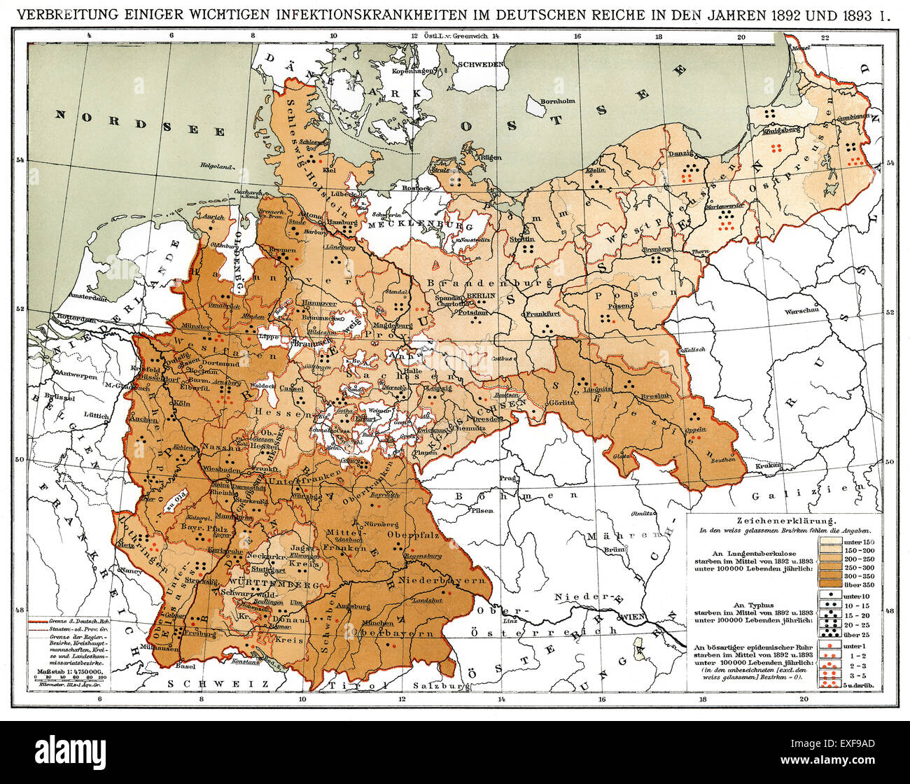 Historische Karte, die Ausbreitung von Infektionskrankheiten im Deutschen Reich in den Jahren 1892 und 1893, Stockfoto